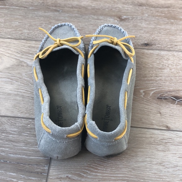 Minnetonka moccasins, Grey with yellow laces. Size 8.5 - Picture 3 of 4